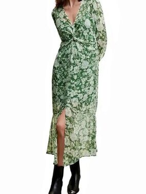 MANGO Floral Midi Dress in Green & White Like New